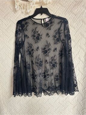 Victoria's Secret Black Sheer Lace Long-Sleeve Top/ coverup